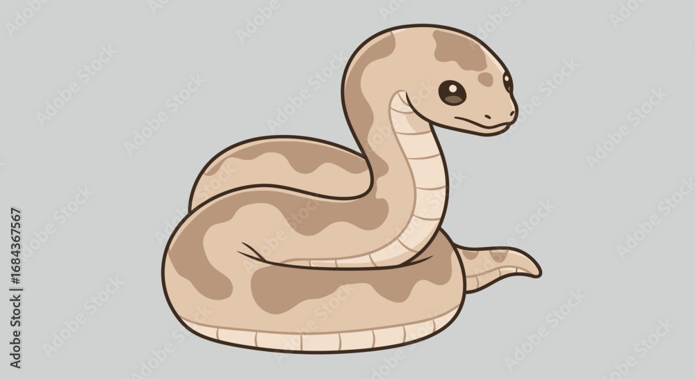 Fototapeta premium A charming and cute baby snake character with brown patterned scales is playfully coiled, rendered as a delightful vector illustration on a clean background.