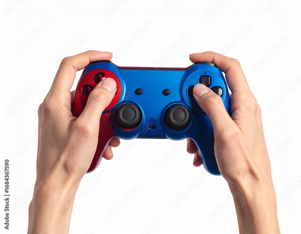 Fototapeta premium Game console on hand isolated white background. Red Blue Gaming console. Wireless gam