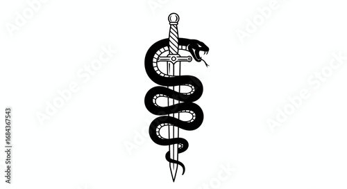 A detailed black and white vector illustration features a snake coiled around a sword, showcasing a striking design suitable for various applications and projects.