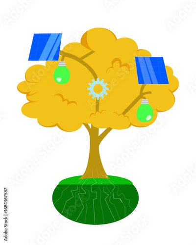a tree with roots forming a circuit board pattern, and branches bearing light bulbs, solar panels and gears, perfect for demonstrating growth and connectivity 