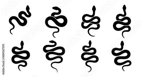 High-quality vector PNG set of eight stylized snake illustrations, perfect for logos, tattoos, or any design project needing a reptile motif.  These scalable images are versatile and easily adaptable