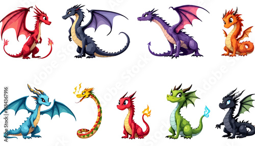 Collection of ten vibrant vector dragons in PNG format, perfect for fantasy designs, children's illustrations, or gaming projects.  These playful, cartoonish dragons are available in various colors