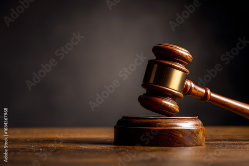 Wooden judge gavel and sound block symbolizing justice law courtroom decision legal authority
