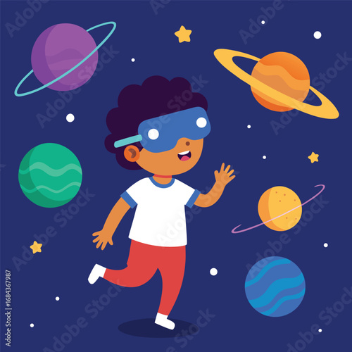 Young child with VR headset exploring vibrant planets and stars in space virtual reality