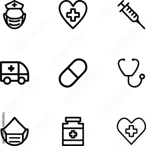 Clean Medical and Healthcare Icon Set – Hospital, Doctor, Medicine, Pharmacy, Health Service Vector