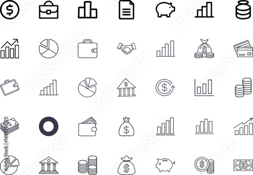 Minimalist Business and Finance Icon Set – Corporate Office, Banking, Money, Economy, Investment Vector. finance icons set
