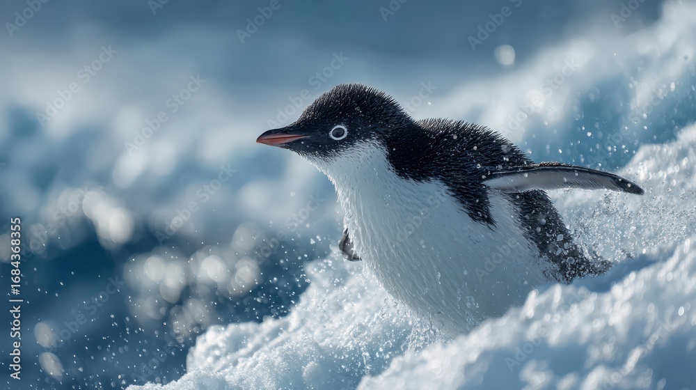 Fototapeta premium A playful penguin leaps from the icy waves, surrounded by sparkling water droplets, showcasing the beauty of its natural habitat.