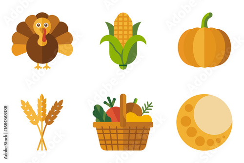 Thanksgiving harvest icons, turkey corn pumpkin wheat, market basket produce, cheese wheel, autumn food clipart, farm fresh vector illustration, fall season design, isolated on white