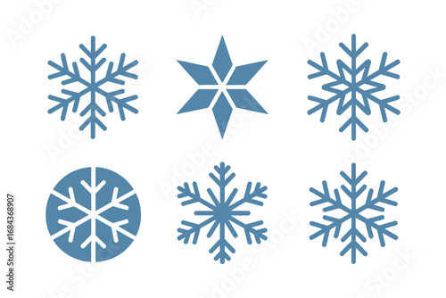 Winter snowflakes icon set, frosty crystal patterns, circular medallions, clean minimal style, vector clipart collection, holiday season graphics, card and poster design