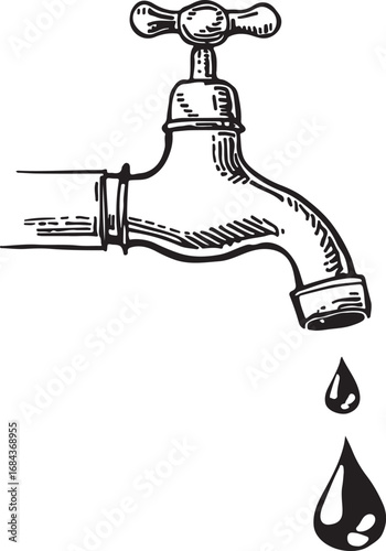 Leaky faucet illustration depicting water conservation issues and plumbing problems with dripping water droplets and old style fixture showcasing wastage