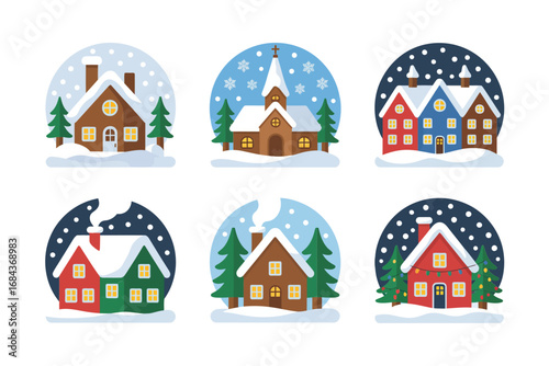 Snowy village icons, cozy cottages in domes, night and day scenes, pine trees, winter landscape set, vector clipart, Christmas greeting assets