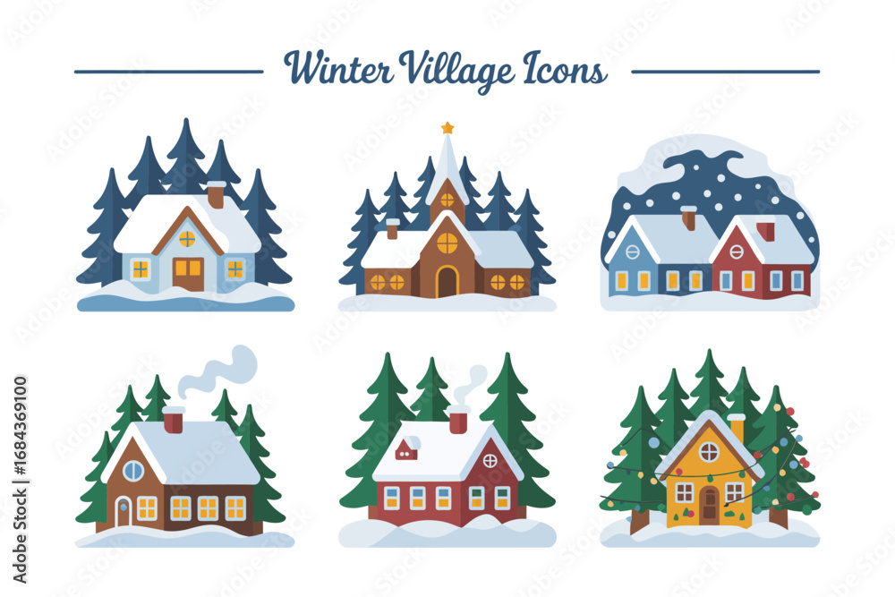 Fototapeta premium Winter village icons collection, cottages cabins trees snowmen, small scenes for stickers, vector set, holiday graphics, web and print resources