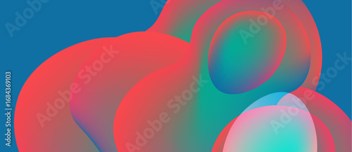 Abstract fluid shapes blend, creating vibrant color gradients. Red, teal, turquoise dominate composition. Smooth transitions suggest movement, depth.
