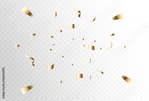 Golden festive confetti explosion with falling particles for celebration and party events isolated on a transparent background