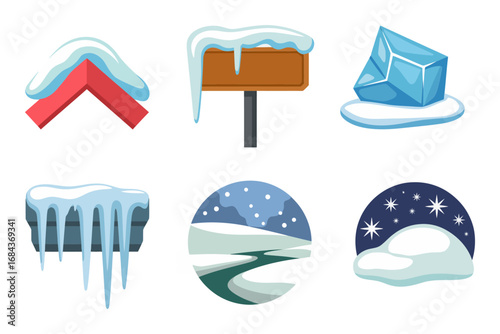 Winter elements icon pack, snow roof cap, frosty sign board, ice cube, icicles, snowdrift landscape, vector clipart, seasonal weather graphics