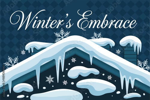Winters Embrace snowy roof scene, large icicles hanging, night sky pattern with snowflakes, seasonal banner art, holiday website header, decorative vector