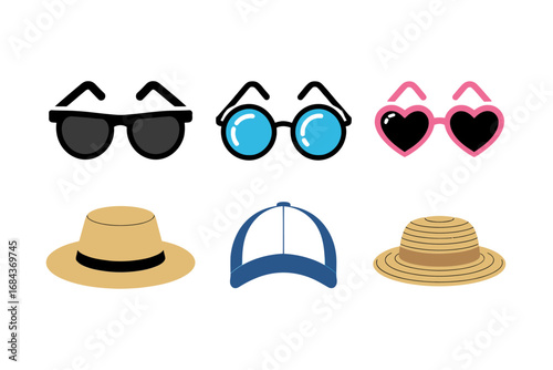 Vacation eyewear and hats icons, black frames blue lenses pink heart shades, straw hat visor and bucket, lifestyle graphics, vector set