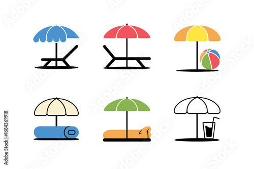 Beach umbrella and chair set, sun lounger icons, beach ball towel drink, summer vacation clipart, seaside leisure vector, flat style, isolated on white, travel banner design