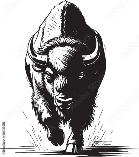 Majestic Bison Charging Forward Black and White Illustration Symbolizing Power and Resilience in Wildlife Vector Image