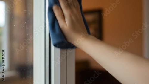 A hand cleans a window with a blue microfiber cloth, showcasing a home improvement task.