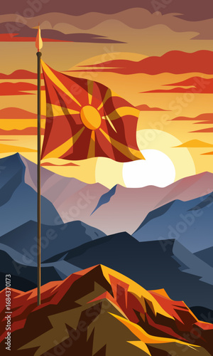 "Photorealistic image of Macedonian national flag waving in the wind with dramatic mountain landscape of the Balkans in the background, golden sunlight shining."