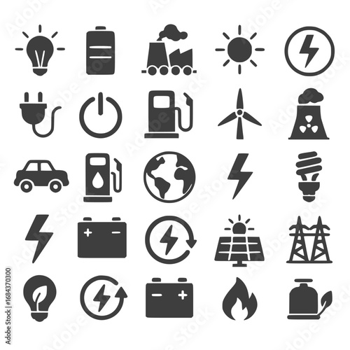 set of icons for the theme of power generation energy and fuel battery energy
