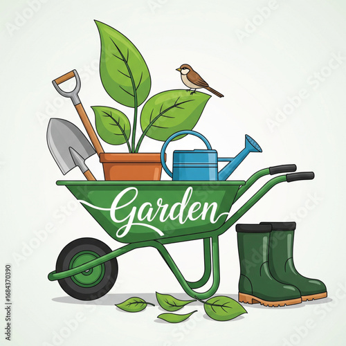 wheelbarrow with garden tools