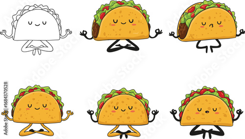 Cute taco characters doing yoga poses, funny meditating tacos, healthy lifestyle, mindfulness food illustration, kawaii Mexican food cartoon.