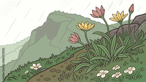 Scenic mountain landscape with wildflowers in the rain, nature illustration, outdoor scene, peaceful drawing