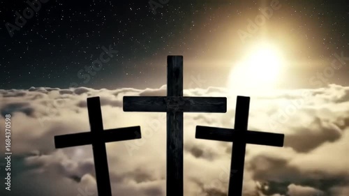 Three Crosses Rising Above Clouds at Night with Stars Slow Motion