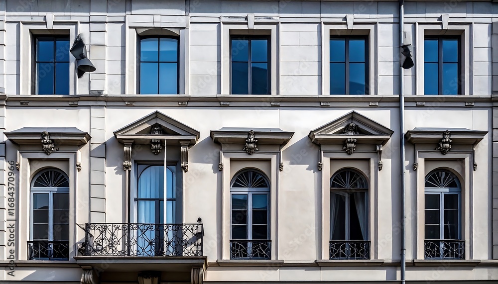 Fototapeta premium Ornate facade of a stately building with many arched and rectangular windows, showcasing intricate architectural details and decorative elements.