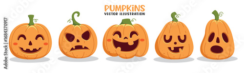 Pumpkin orange faces clipart set. Cute and scary Pumpkins clip art collection with funny, happy and spooky faces for Halloween party Jack O lantern creepy decoration design vector illustration.
