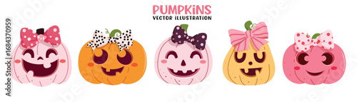 Pumpkins cute clipart set. Colorful cute pumpkins clip art collection in happy, funny and scary faces with printed and pattern bow tie ribbon for kids girl Halloween party celebration vector 