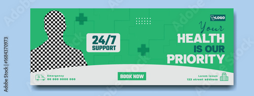 Friendly smiling doctor in white coat and stethoscope with health is our priority text and 24 7 support symbol