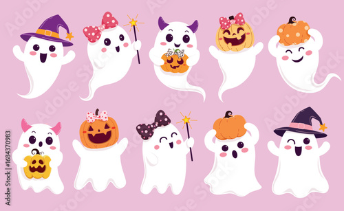 Ghost cute clipart set. Cute Ghost Halloween character clip art collection wearing funny pumpkins, bow ribbon, witch hat and holding magic wand elements for children spooky celebration vector 
