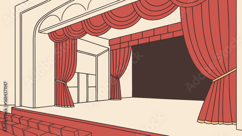 Theater stage with red curtains vector illustration for performance and show design and event promotion art