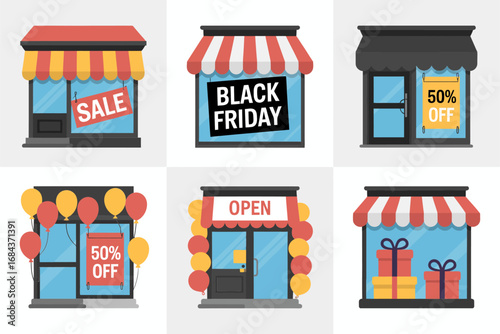 Retail shop fronts collection, sale awning, black friday board, fifty percent offer, open doorway, balloons decor, storefront signage, promotion icons, marketing vector