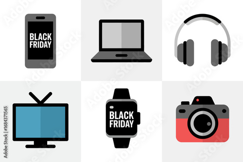 Black Friday tech icons, television monitor, sale tag, laptop computer, headphones, smartwatch, camera, shopping label, electronics bundle, retail promotion, vector design