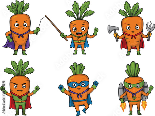 Funny superhero carrots, cartoon vegetable characters, cute carrots with capes, funny veggies, animated healthy food, superhero veggies illustration.