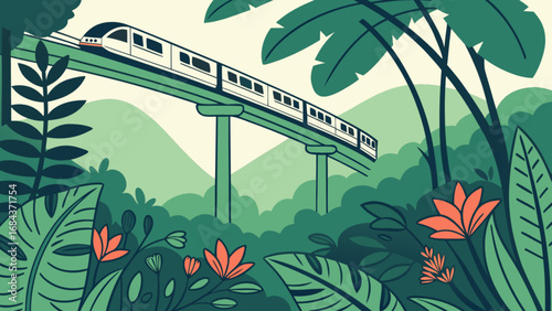 Monorail train travels through lush tropical jungle landscape vector illustration scenic transportation design