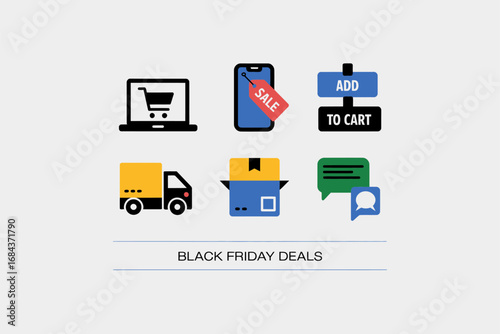 Black Friday deals banner, shopping cart icon, add to cart button, delivery truck, discount tag, message bubble, ecommerce interface, vector layout