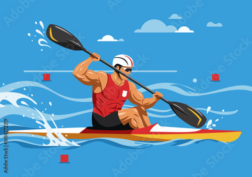A kayaker in a red shirt and helmet paddles through water marked by red buoys and white lines under a blue sky