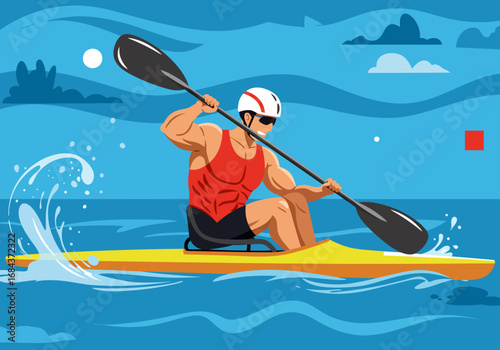 A kayaker with sunglasses and a helmet paddles on water with waves sky and distant objects in the background