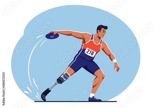 A male athlete with a prosthetic leg is throwing a disc