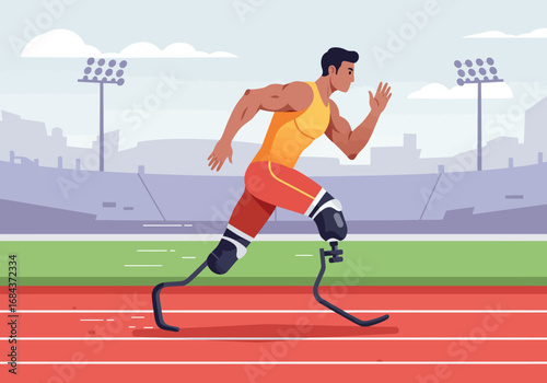 A male athlete with prosthetic legs runs on a track in a stadium