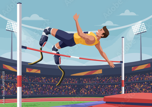 A high jumper with prosthetic legs soars over a bar in an athletic stadium