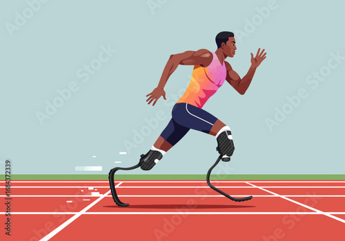 A male athlete with prosthetic legs sprints on a red track against a blue backdrop