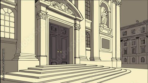 Illustration of church building architecture with stairs and statue in cartoon style vector design art