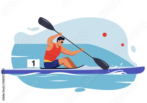 A muscled rower in a blue canoe strokes with a paddle wearing sunglasses  a red shirt competing for first place in a river race