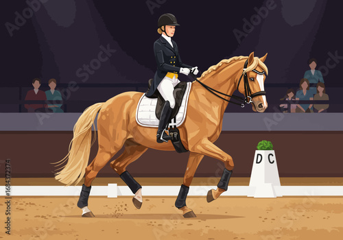 A palomino horse  rider in formal attire perform dressage in an arena with spectators